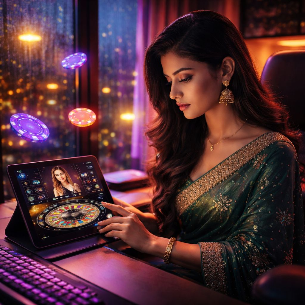একটি পরিশীলিত যুবতী একটি পরিপাটি গেমিং ডেস্কে বসে আছেন, চারপাশে ভাসমান ক্যাসিনো চিপ এবং উজ্জ্বল কার্ড প্রতীক যা এলিট BDGO777 অভিজ্ঞতা উপস্থাপন করে