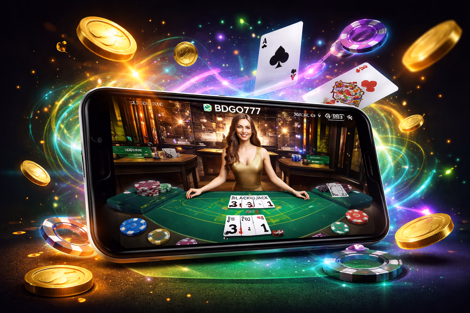 Confident Bangladeshi gamer navigating the BDGO777 app interface on a smartphone with vibrant casino elements surrounding the screen