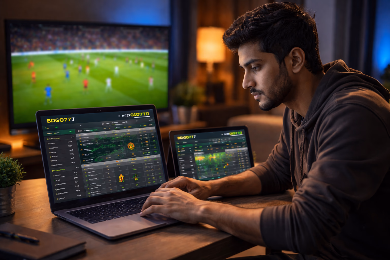 Focused Bangladeshi bettor analyzing live football and cricket odds on a laptop using BDGO777 while a thrilling match broadcast plays on TV in the background