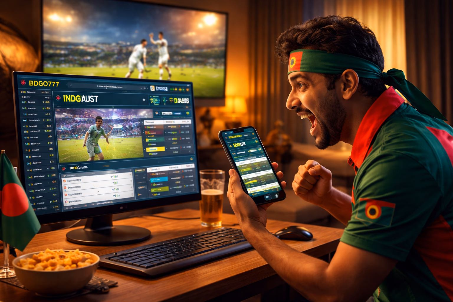 Determined Bangladeshi sports enthusiast placing real-time cricket and football bets on multiple devices through BDGO777 with a live match broadcast illuminating the room