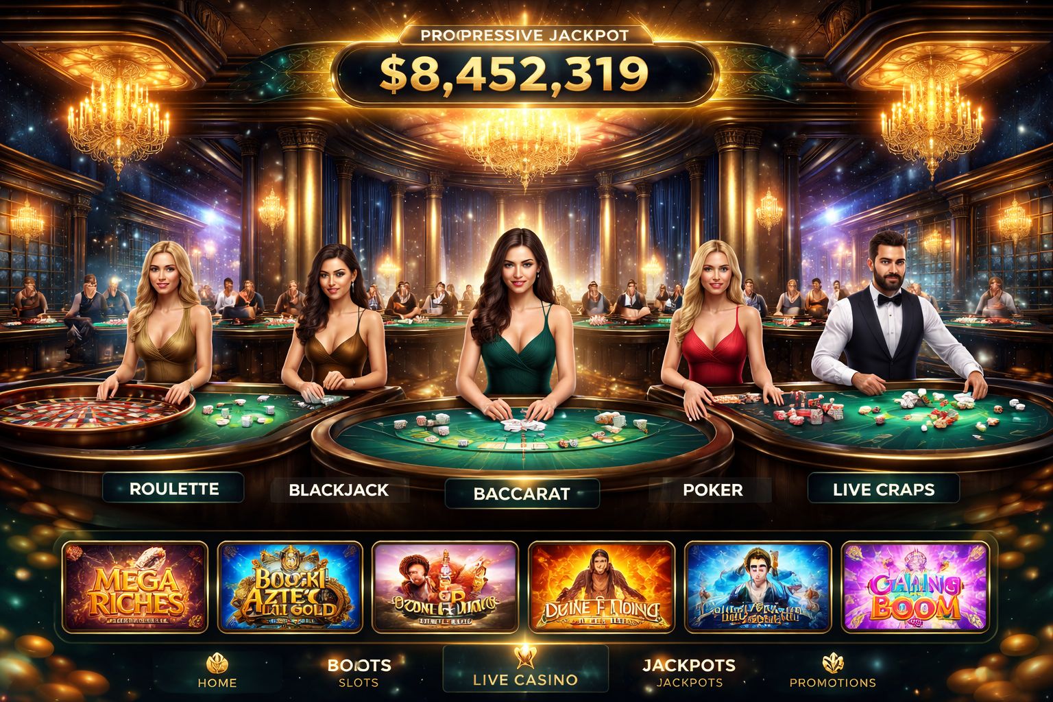 Confident live casino dealer standing beside a luxurious roulette table with glowing chips and ambient studio lighting symbolizing the elite gaming experience at BDGO777 in Bangladesh